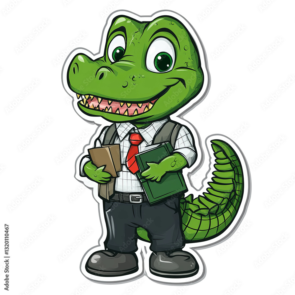 Fototapeta premium adorable crocodile in school uniform, colorful cartoon sticker