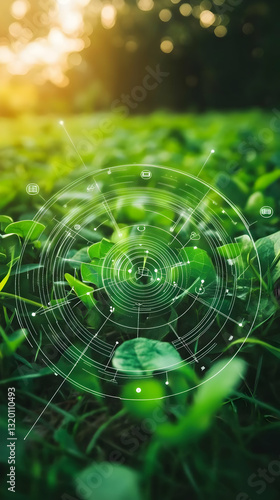 Wallpaper Mural Abstract Green Nature Background with Circular Technology Overlay, Illustrating Sustainable Tech Integration in Lush Foliage, Showing Advanced Digital Network for Environmental Monitoring. Torontodigital.ca