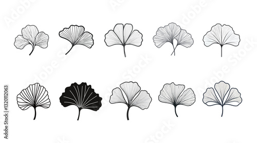 Minimalist black ginkgo logo vector graphic. Elegant and simple illustration featuring a stylized ginkgo leaf with clean lines and balanced symmetry. Perfect for branding, wellness, nature, 