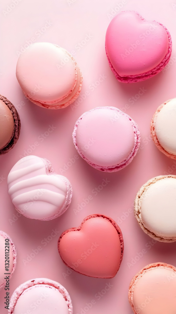 Pink and Red Heart-Shaped Macarons and Round Macarons Arranged on a Pink Background: A Delicious Sweet Treat for Valentine's Day or Any Romantic Occasion. Pink and Red Heart-Shaped Macarons and Round Macarons Arranged on a Pink Background: A Delicious Sweet Treat for Valentine's Day or Any Romantic Occasion.