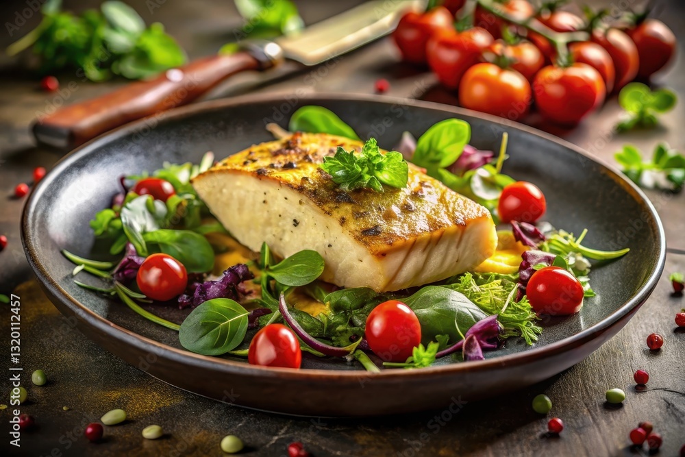Grilled fish fillet on a bed of vibrant greens and cherry tomatoes, a culinary masterpiece Grilled fish fillet on a bed of vibrant greens and cherry tomatoes, a culinary masterpiece