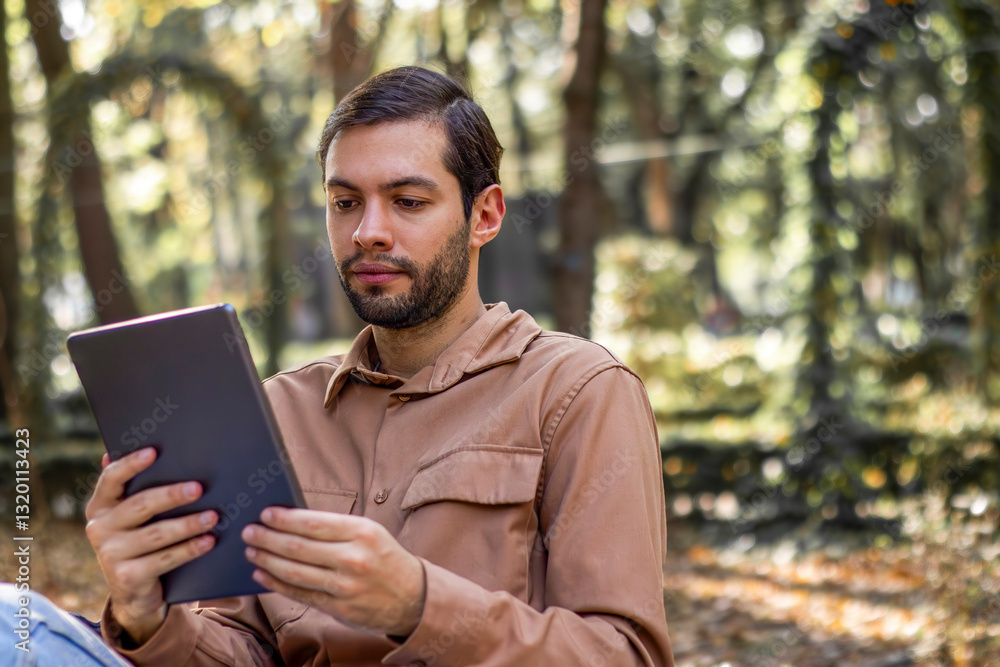 Focused freelancer working remotely with digital tablet in park Focused freelancer working remotely with digital tablet in park