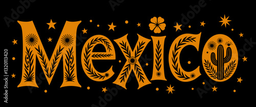 Mexico text, vector lettering, ornate, traditional, for travel designs.