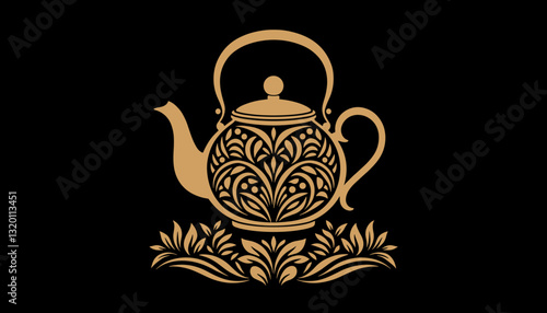 Ornate golden teapot, detailed vector illustration, traditional tea ceremony design.
