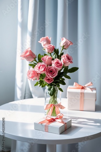 Elegant Arrangement of Pink Roses in a Vase with Gift Boxes on a White Table