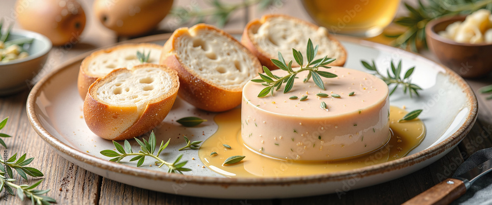 France Gourmet Delight – Foie Gras with Artisanal Bread and Herbs on Rustic Ceramic Plate for Culinary Blogs and Fine Dining Inspiration France Gourmet Delight – Foie Gras with Artisanal Bread and Herbs on Rustic Ceramic Plate for Culinary Blogs and Fine Dining Inspiration