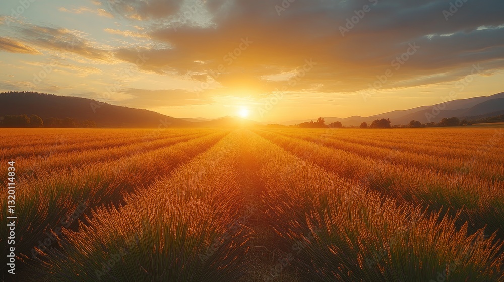 Fototapeta premium Golden Sunset Over Rows Of Lavender Field