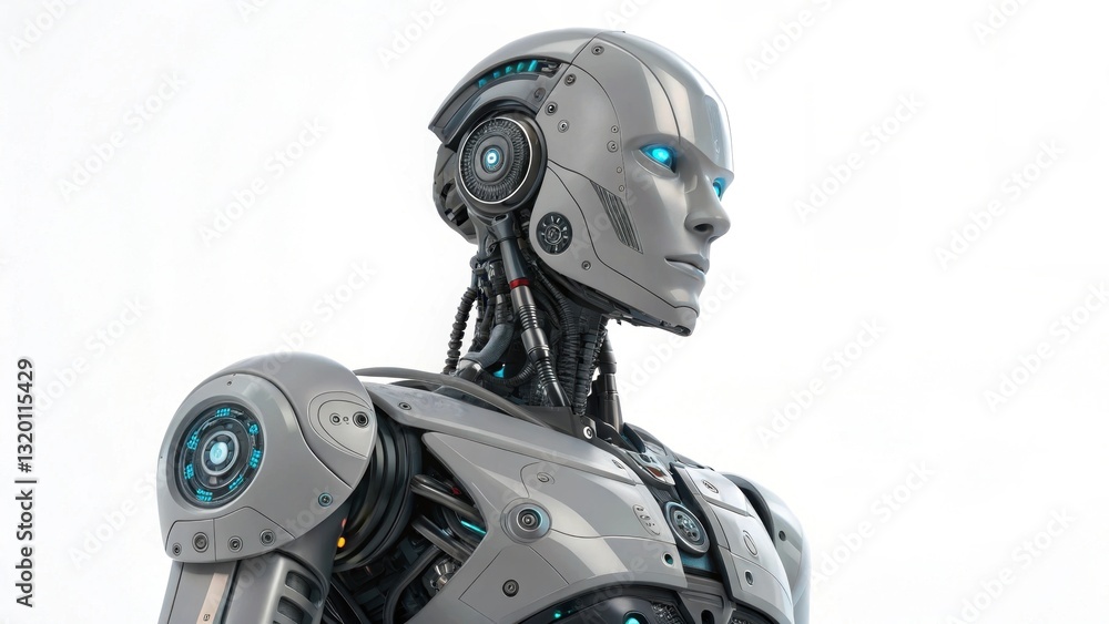 A futuristic robot with a sleek design and glowing blue eyes, showcasing advanced technology and artificial intelligence. A futuristic robot with a sleek design and glowing blue eyes, showcasing advanced technology and artificial intelligence.