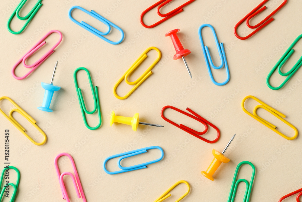 Paper clips and pins on beige background, flat lay Paper clips and pins on beige background, flat lay