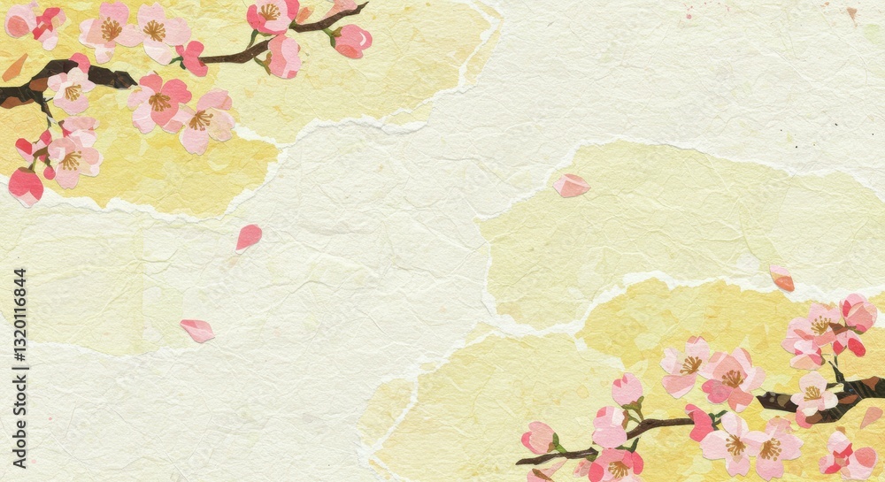 Naklejka premium 桜の花の和紙のちぎり絵の背景画