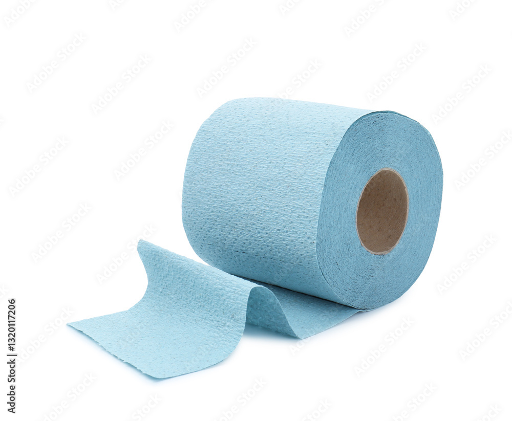 Fototapeta premium Light blue toilet paper roll isolated on white