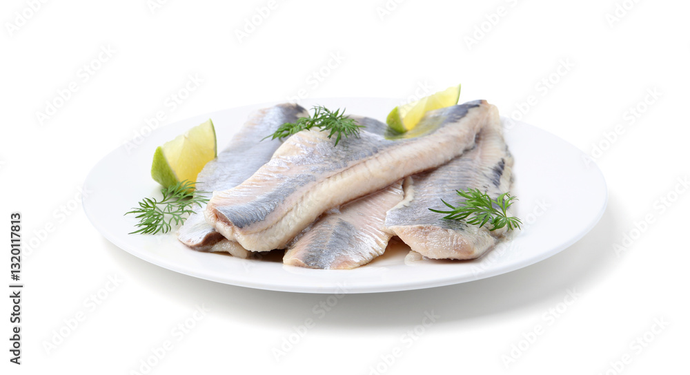 Marinated herring fillets with lime and dill isolated on white Marinated herring fillets with lime and dill isolated on white
