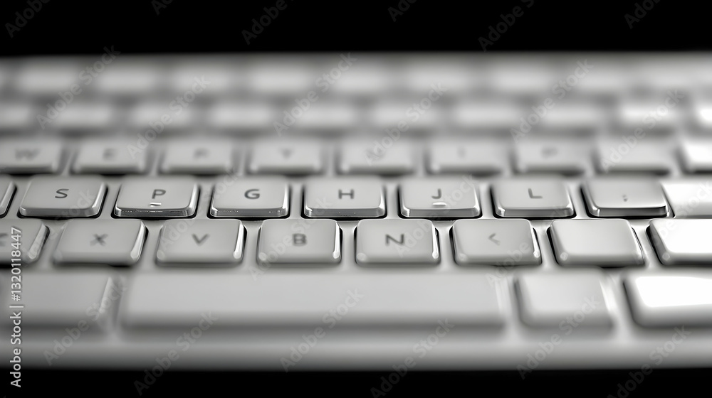 Close-up View of a White Computer Keyboard with Shallow Depth of Field, Showcasing Keycaps and Textured Surface in Monochrome, Illustrating Digital Technology and Input Devices. Close-up View of a White Computer Keyboard with Shallow Depth of Field, Showcasing Keycaps and Textured Surface in Monochrome, Illustrating Digital Technology and Input Devices.