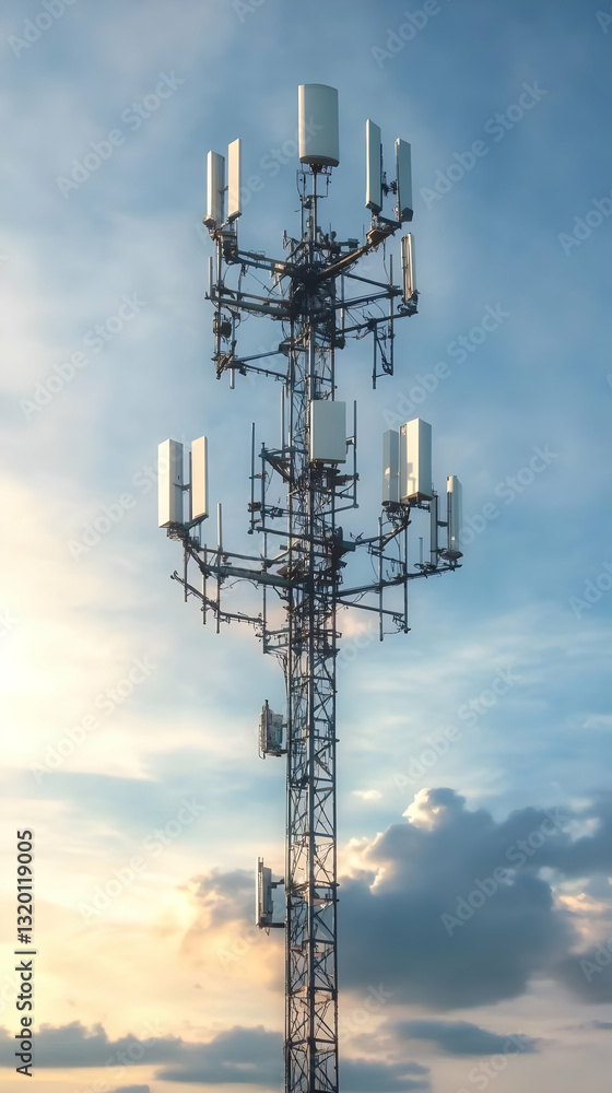 Tall Cellular Tower with Multiple Antennas against a Cloudy Sunset Sky Tall Cellular Tower with Multiple Antennas against a Cloudy Sunset Sky