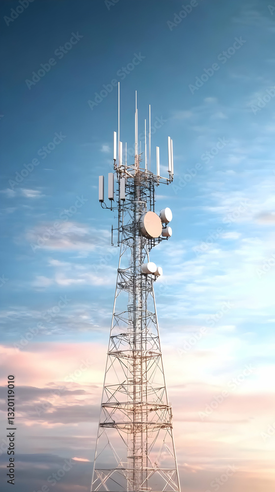 Tall Telecommunication Tower with Antennas Against a Sunset Sky, Digital Illustration Tall Telecommunication Tower with Antennas Against a Sunset Sky, Digital Illustration