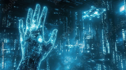 Futuristic digital banner featuring AI technology and a glowing hand in a cybernetic landscape with hovering structures