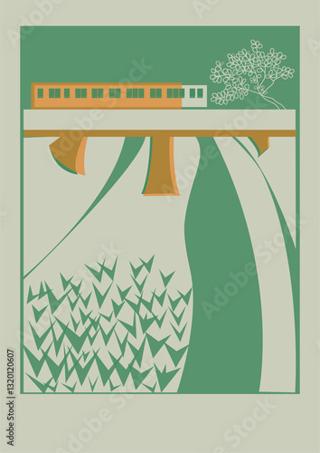 電車が走る高架の見える川岸の風景