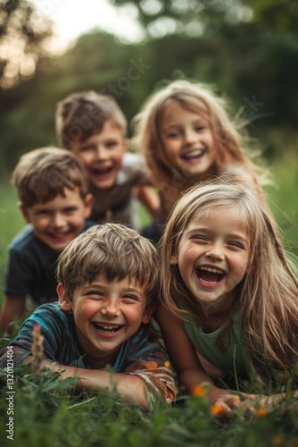 A joyful group of boys and girls play together on the grass in the park on a bright summer day. Their laughter embodies the spirit of friendship, peace, kindness, and the innocence of childhood.