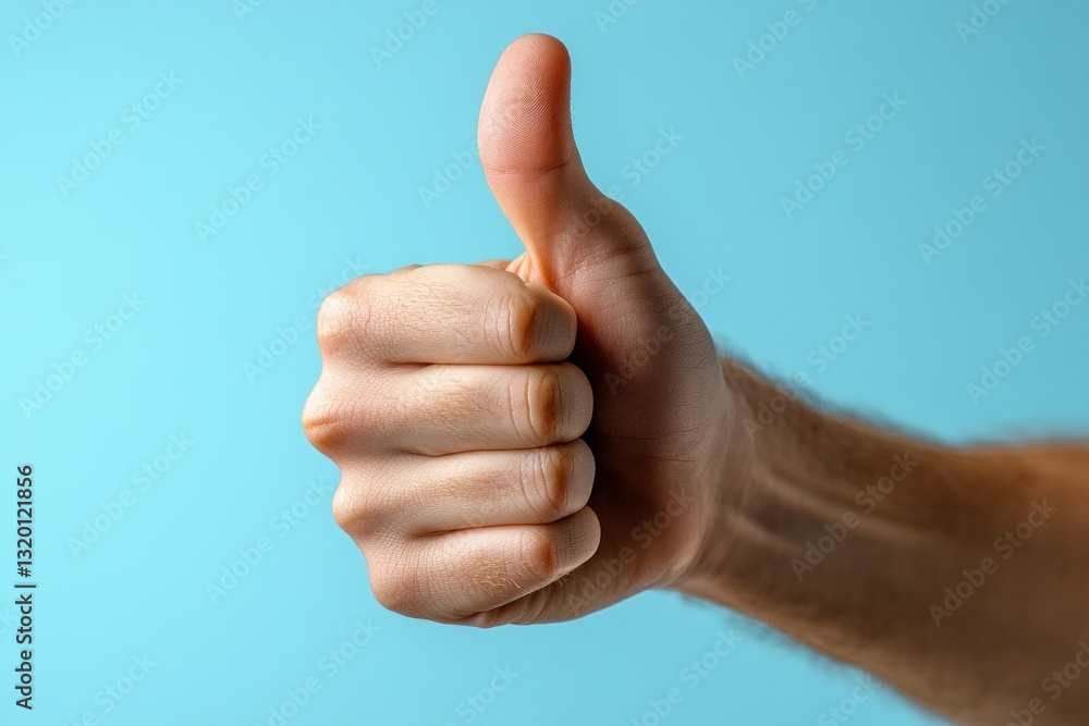 Closeup of Hand Showing Thumbs Up Gesture with Soft Pastel Blue Background and Minimalist Style Closeup of Hand Showing Thumbs Up Gesture with Soft Pastel Blue Background and Minimalist Style