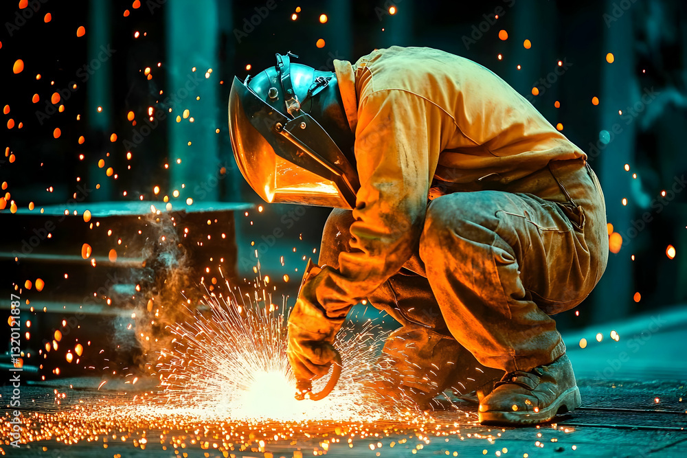 Welder Works Intensely, Sparks Flying, Industrial Setting, Nighttime Photography, Metal Fabrication Welder Works Intensely, Sparks Flying, Industrial Setting, Nighttime Photography, Metal Fabrication