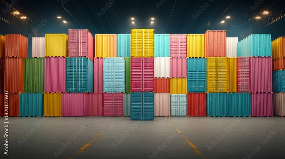 Fototapeta premium Colorful Shipping Containers Stacked in Industrial Warehouse Space