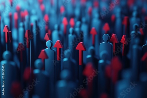 Crowd of people with upward red arrows, symbolizing growth, success, and progress.