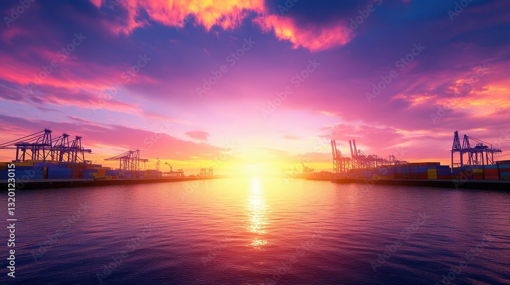 Fototapeta premium Dramatic sunset illuminating a port scene with cranes and containers