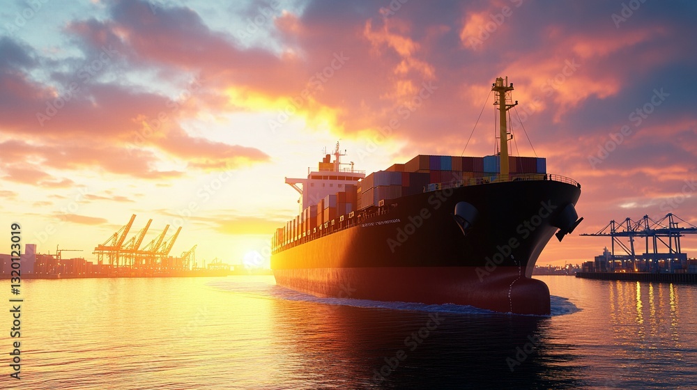 A large cargo ship sailing through water during a sunrise A large cargo ship sailing through water during a sunrise