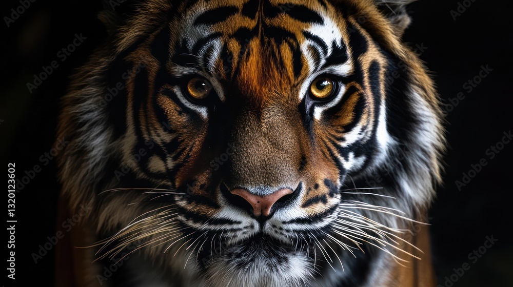 Naklejka premium Close-up of a tiger's intense gaze. Sharp focus on its face, showcasing intricate stripes and piercing eyes against a black background