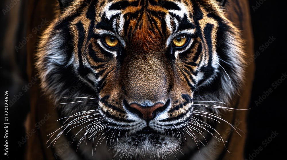 Close-up of a tiger's intense gaze. A fierce predator's face, showcasing sharp features, and striking orange and black stripes Close-up of a tiger's intense gaze. A fierce predator's face, showcasing sharp features, and striking orange and black stripes