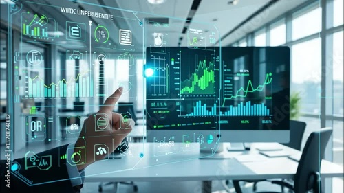 Wallpaper Mural Interactive Digital Financial Dashboard in Modern Office Setting , Seamlessly Analyzing Data with Innovative Transparent Interface and Natural Light Ambiance video concept. Torontodigital.ca