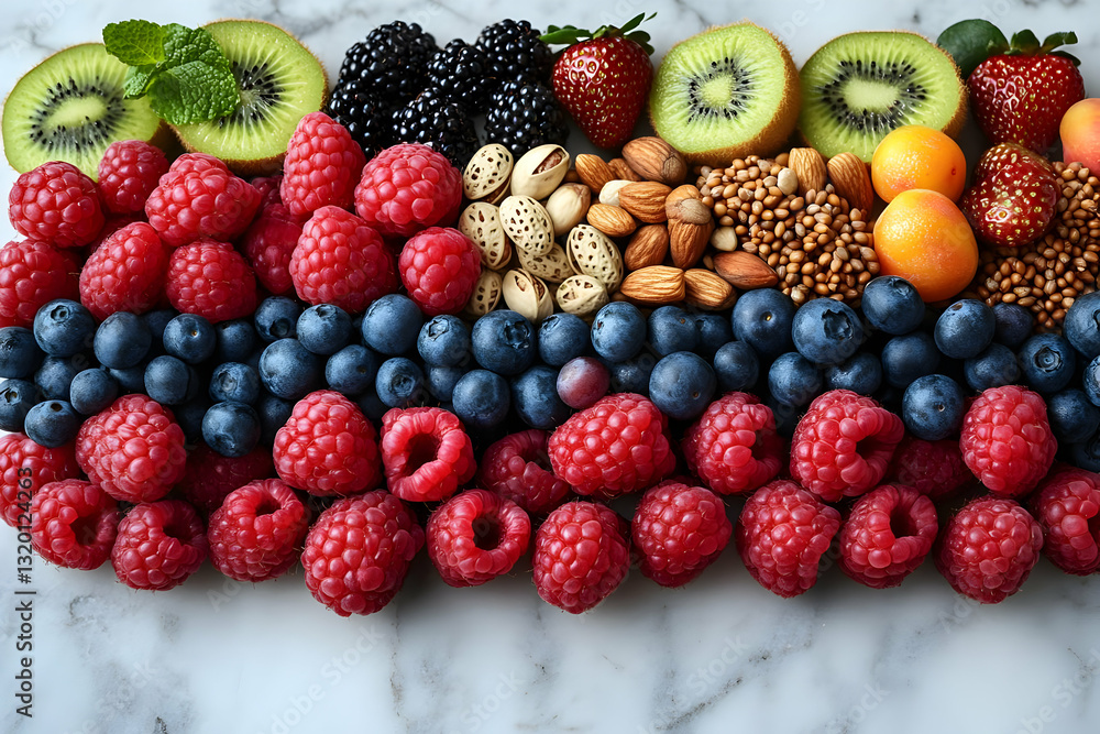 Colorful Arrangement Of Fresh Fruits And Nuts On Marble Surface Colorful Arrangement Of Fresh Fruits And Nuts On Marble Surface