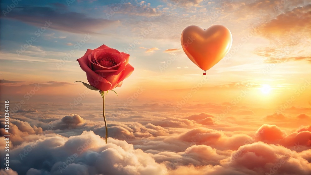 Fototapeta premium A Single Rose and a Heart-Shaped Balloon Drifting Above a Sea of Clouds at Sunset