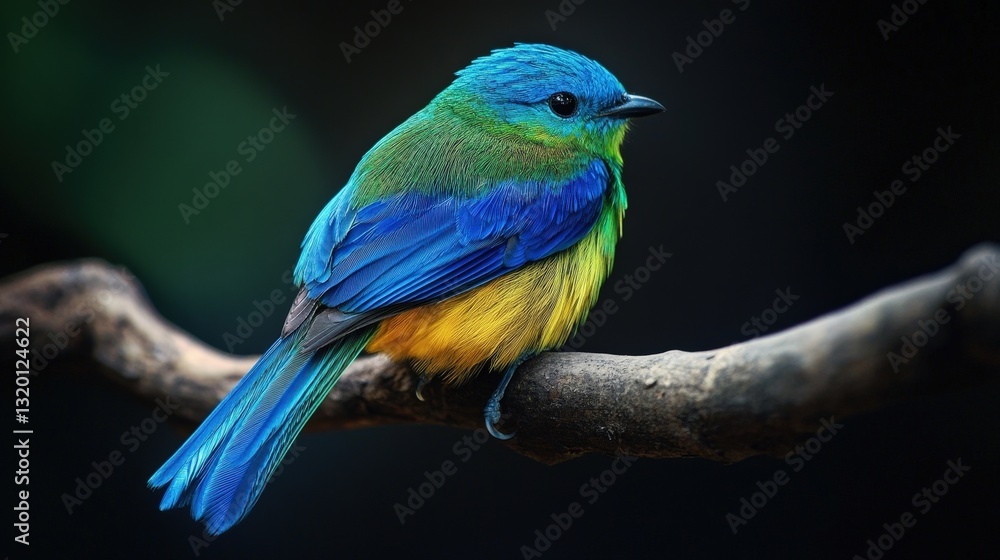 A vibrant blue and green bird perches elegantly on a branch, its gaze directed right while its body tilts left, capturing a moment of serene poise in nature A vibrant blue and green bird perches elegantly on a branch, its gaze directed right while its body tilts left, capturing a moment of serene poise in nature