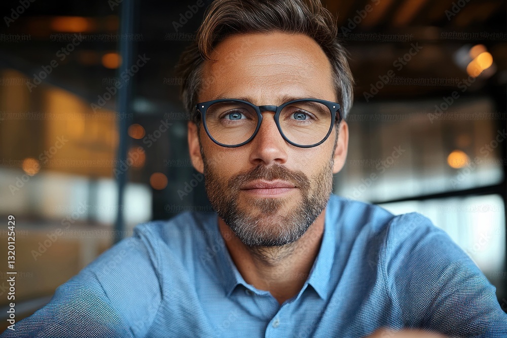 Professional man in glasses video calling at work in modern office with natural light Professional man in glasses video calling at work in modern office with natural light
