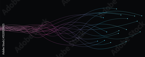 Abstract lines wavy flowing dynamic on black background. Concept of AI technology, digital, communication, 5G, and science