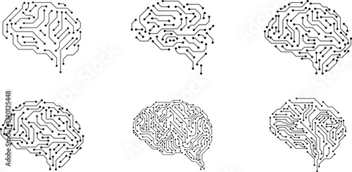 Set of digital brain icons. Electronic brain. Big data, artificial intelligence, machine learning, technology, ai,and computer chip concept