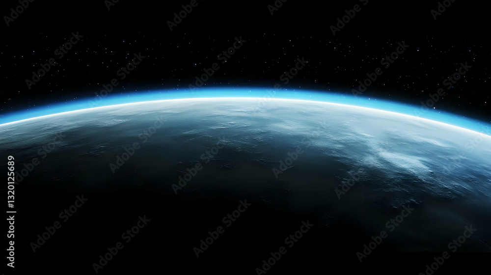 Fototapeta premium 3D Render of a Dark Blue Exoplanet with a Glowing Atmosphere Viewed from Space, Showing Starry Background