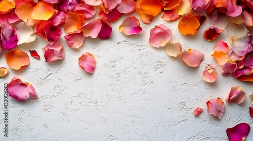 Colorful rose petals scattered on a textured white surface