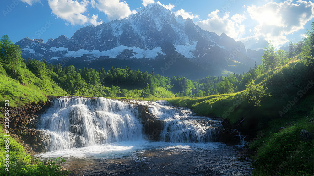 Fototapeta premium Mountain Waterfall In Lush Green Valley