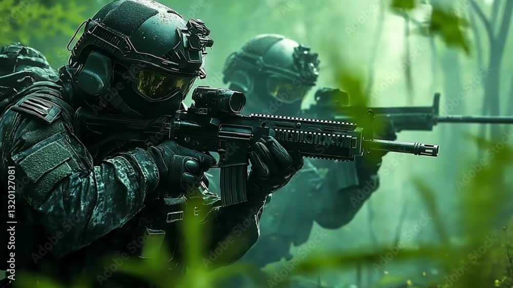 Military soldiers in camouflage gear with rifles in a green forest background. Possible use stock photo for military or action themes Military soldiers in camouflage gear with rifles in a green forest background. Possible use stock photo for military or action themes