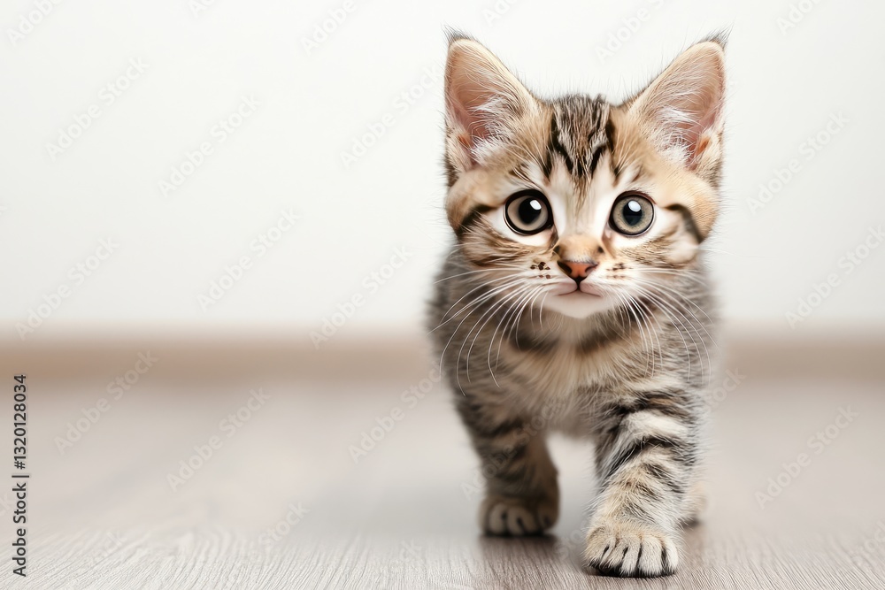 Obraz premium An adorable kitten with striped fur is walking towards the viewer