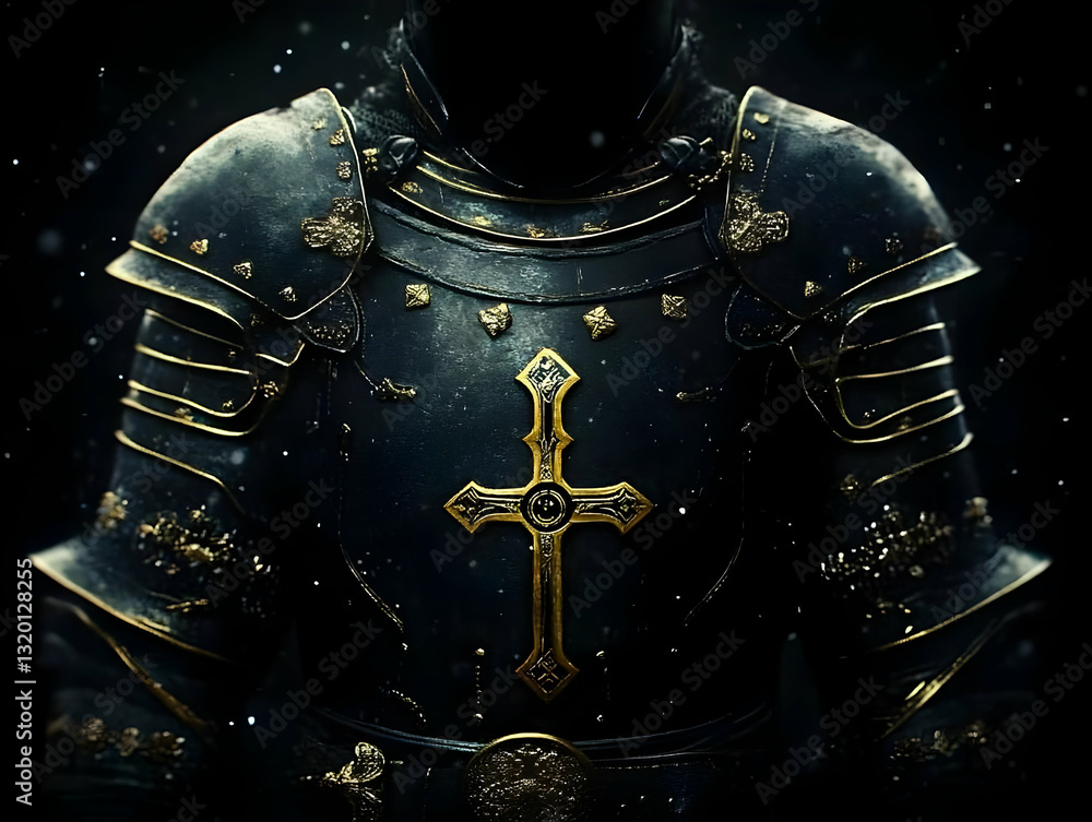 Fototapeta premium Dark Knight's Ornate Armor: 3D Render of a Medieval Cuirass with Gilded Cross, Fantasy Setting
