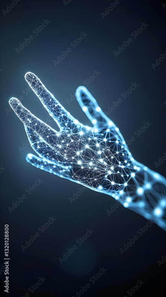 Abstract 3D Render of a Glowing Hand Reaching Out, Networked with Light Points, Digital Art Background Abstract 3D Render of a Glowing Hand Reaching Out, Networked with Light Points, Digital Art Background