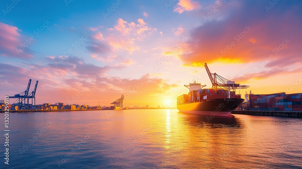 Obraz premium A large cargo ship anchored in a harbor during sunset