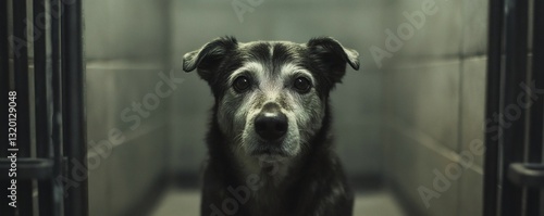 A focused dog staring directly at the camera in hallway setting