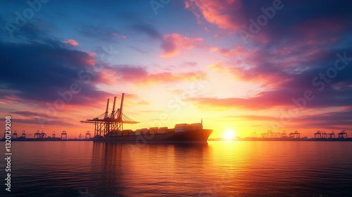 A large cargo ship approaches a harbor at a vibrant sunset