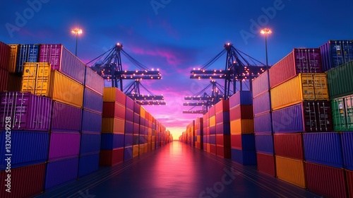 Colorful shipping containers stacked in a vibrant port scene