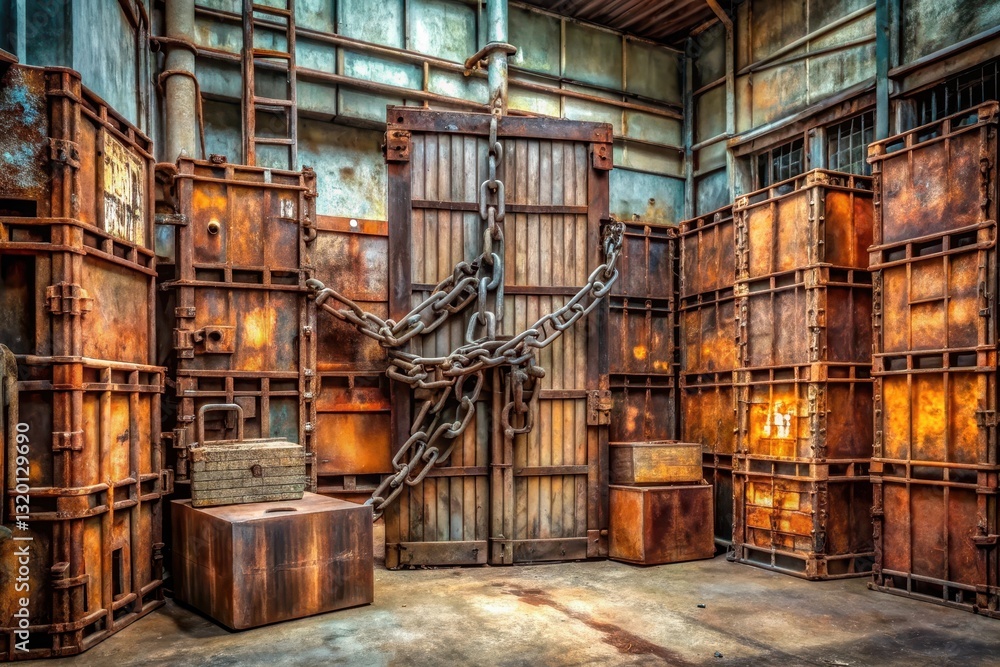 Obraz premium Forgotten Industrial Relic A Rusty Gateway Secured by Heavy Chains Within an Abandoned Factory