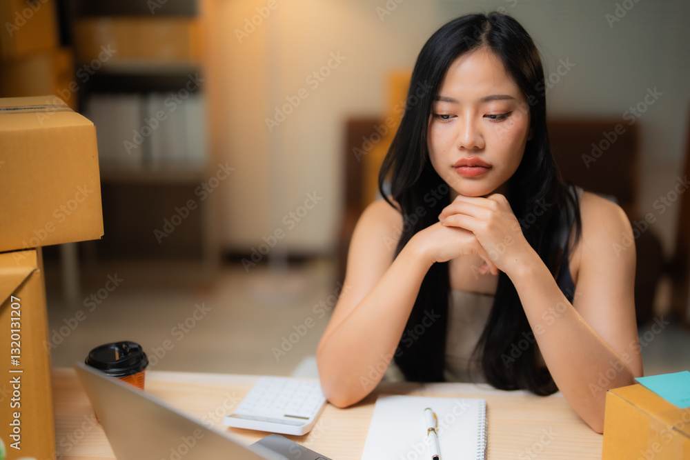 Young Asian woman entrepreneur looking concerned while working at her desk with a laptop, calculator, and notebook, surrounded by cardboard boxes in a home office Young Asian woman entrepreneur looking concerned while working at her desk with a laptop, calculator, and notebook, surrounded by cardboard boxes in a home office